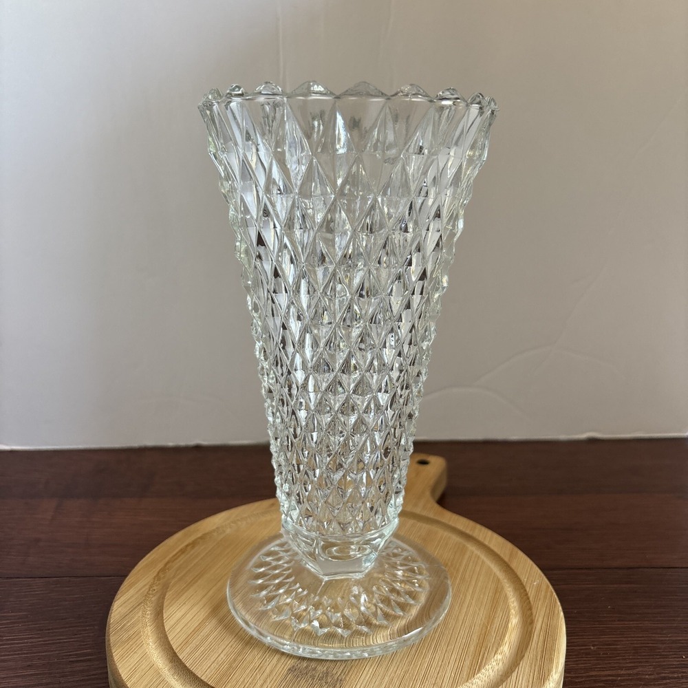 Vintage 8 Inch Tall Diamond Point Cut Crystal Clear Footed Flower Vase in EUC